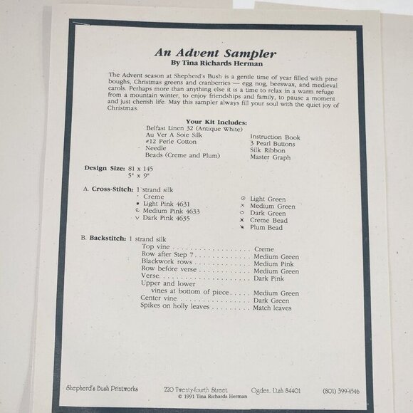 Shepherd's Bush NEW Cross Stitch Kit An Advent Sampler 1991 Kit Complete Holiday - Picture 5 of 6